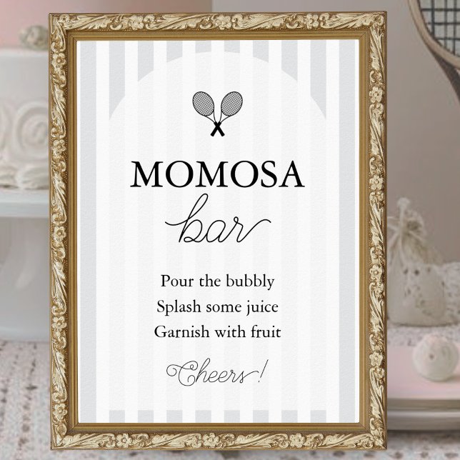 Póster Moda gris Tenis Baby Shower Momosa Bar Rótulo (elegant grey and white baby shower sign for momosa bar at tennis theme events shown in gold frame)
