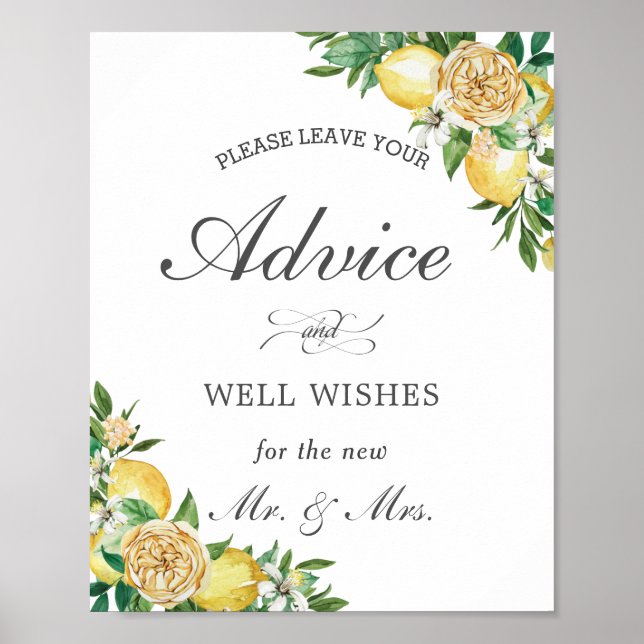 Póster Moda Lemon Floral Consejos y deseos Rótulo Boda (Frente)