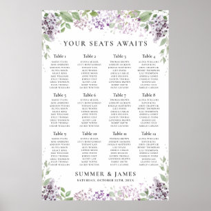 Póster Moda Lilac Púrpura Boda Floral Tabla de asientos