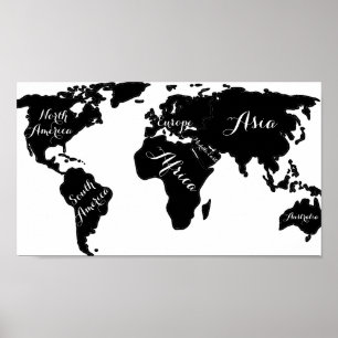 Póster Moda mapa del mundo blanco y negro mapa del mundo 