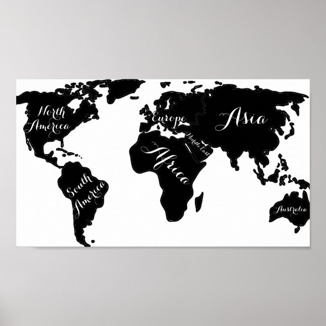 Póster Moda mapa del mundo blanco y negro mapa del mundo  (Frente)