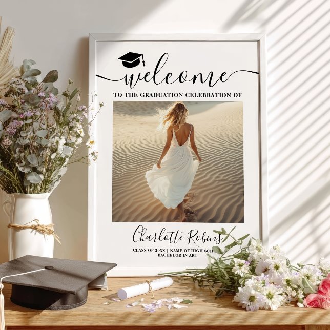 Póster Moda minimalista Graduación Boho Bienvenida Rótulo (Minimalist Chic Boho Graduation Welcome Photo Sign)