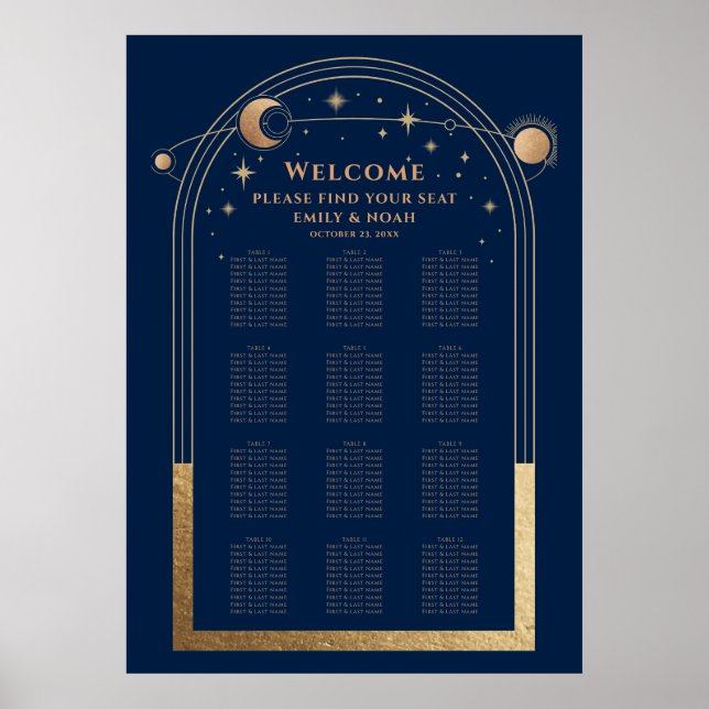Póster Moda mística Oro Azul Sol Moon Stars Boda (Frente)