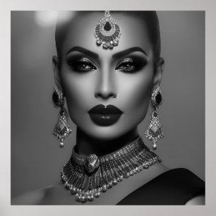 Póster Moda monocroma joyería negra mujer blanca
