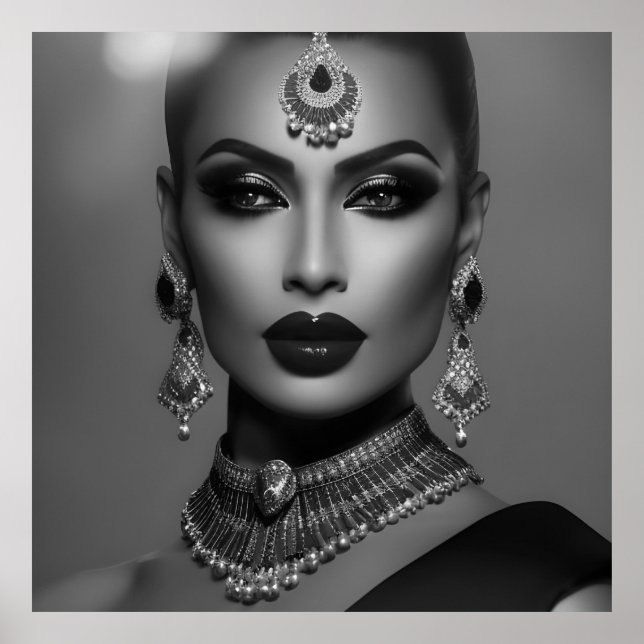 Póster Moda monocroma joyería negra mujer blanca (Frente)