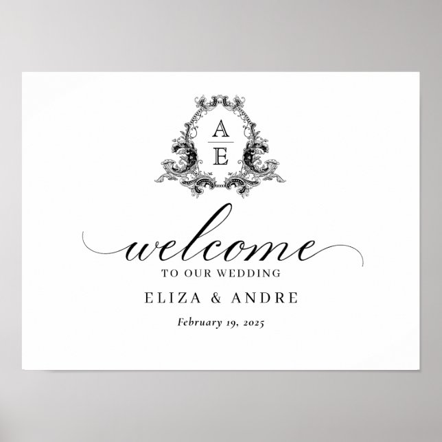 Póster Moda Monograma signo de bienvenida Boda blanco y n (Frente)
