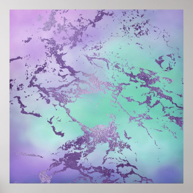 Póster Moda Morado Azul Mermaid Acuarela Ombre Mármol (Frente)
