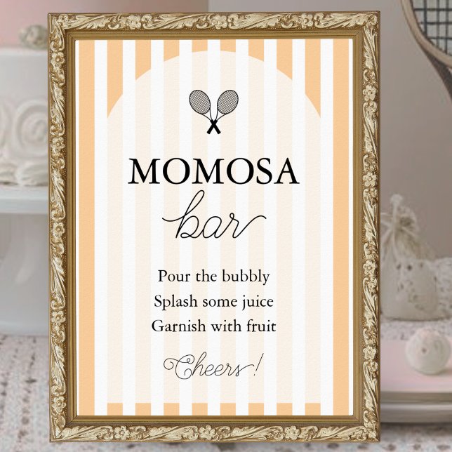 Póster Moda naranja Tenis Baby Shower Momosa Bar Rótulo (elegant orange and white striped momosa bar tennis theme baby shower sign displayed in gold frame )