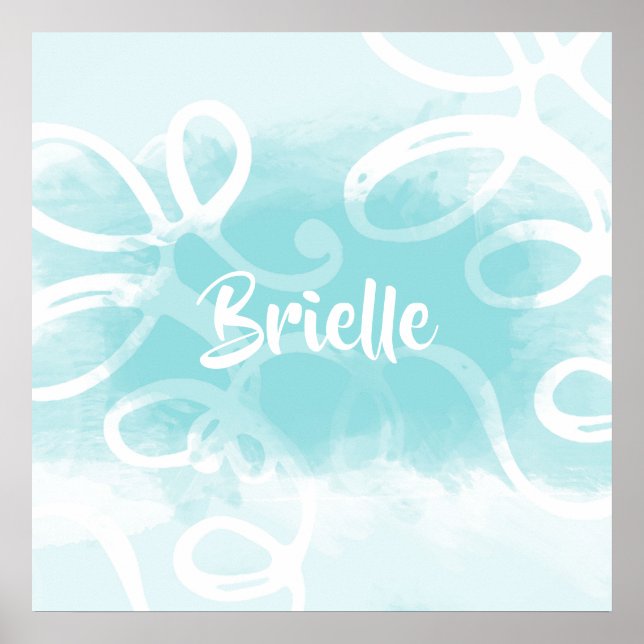 Póster Moda Pastel Blue Watercolor Swirls Con Nombre (Frente)