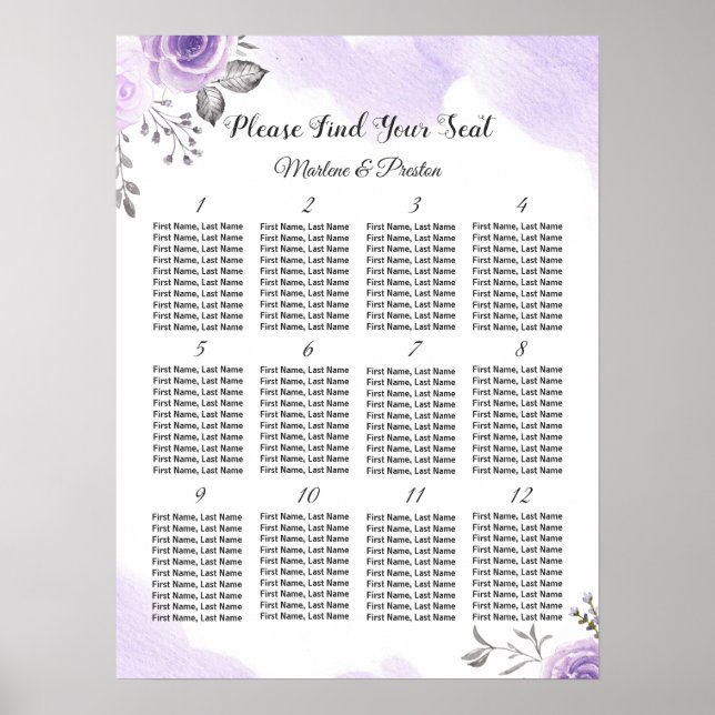 Póster Moda Pastel Morado 12 Tablas Boda Tabla de asiento (Frente)