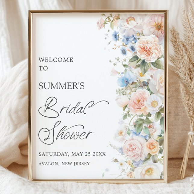 Póster Moda Pastel Rubor Floral Azul Blanco Ducha de novi (vintage-shabby-chic-floral-blush-white-ivory-blue-flowers-roses-garden-bridal-shower-welcome-sign)