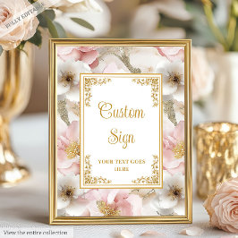 Póster Moda polvorienta flores rosadas y boda dorado sign