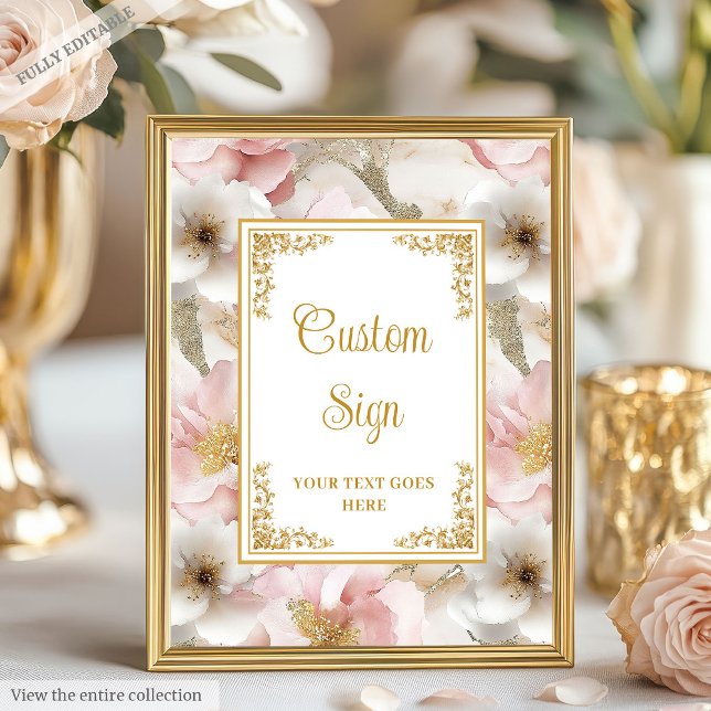 Póster Moda polvorienta flores rosadas y boda dorado sign (Chic dusty pink flowers and gold wedding 8x10 sign)