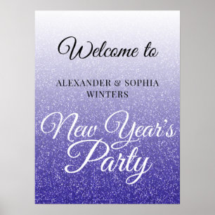 Póster Moda Purpurina Azul Real Bienvenida Fiesta Año Nue