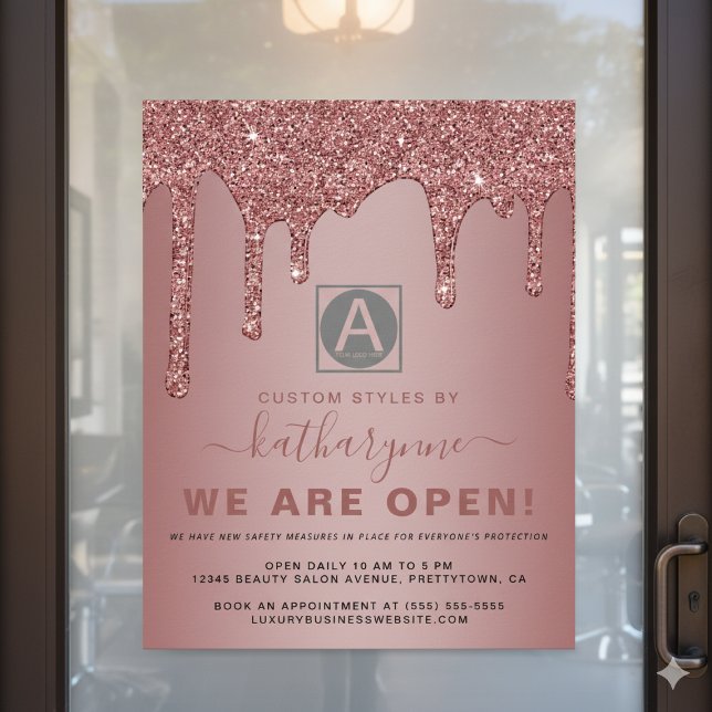 Póster Moda Rosa Gold Sparkle Purpurinas Drips Business O (Chic Rose Gold Sparkle Glitter Drips Business Open Poster with Digital Download Option)