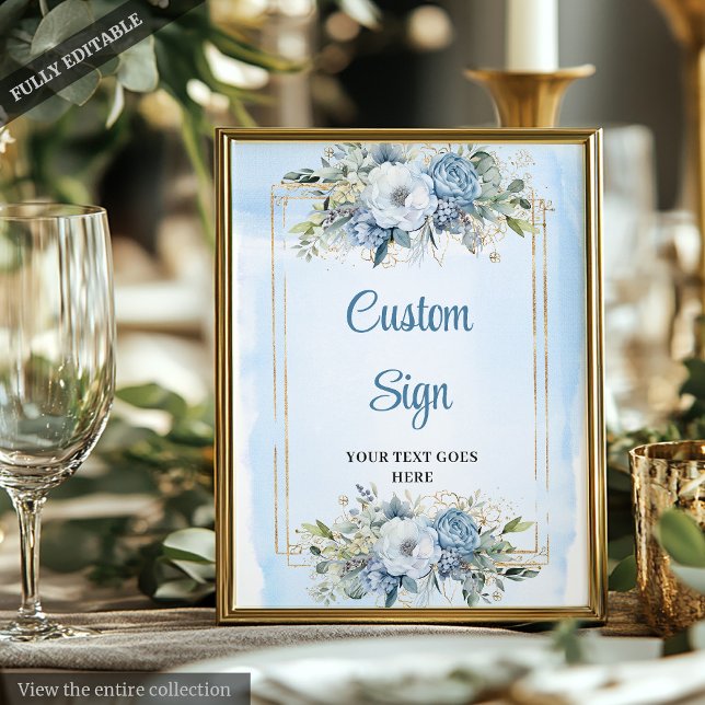 Póster Moda Rústica Dusty Blue Greenery Personalizado de  (Rustic Chic Dusty Blue Greenery Gold Custom Sign)