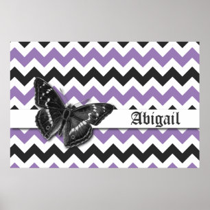 Póster Moda Vintage Butterfly Purple Gray Chevron Pattern
