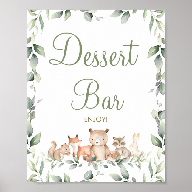 Póster Moda Woodland Animals Greenery Dessert Bar Rótulo (Frente)