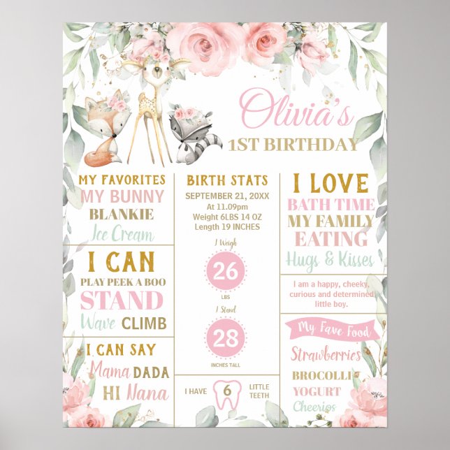 Póster Moda Woodland Primer cumpleaños Estadísticas de na (Frente)