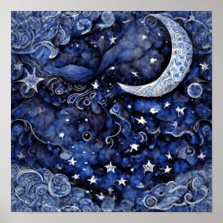 Póster Moda y estrellas Cielo Nocturno Azul Profundo