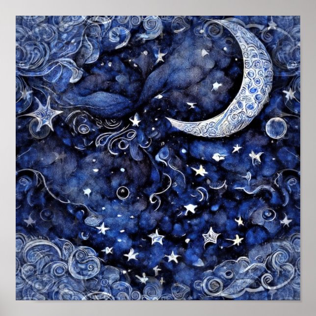 Póster Moda y estrellas Cielo Nocturno Azul Profundo (Frente)