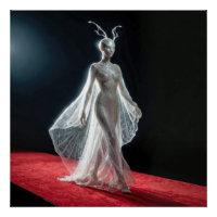Modelo alienígena futurista en vestido de telaraña