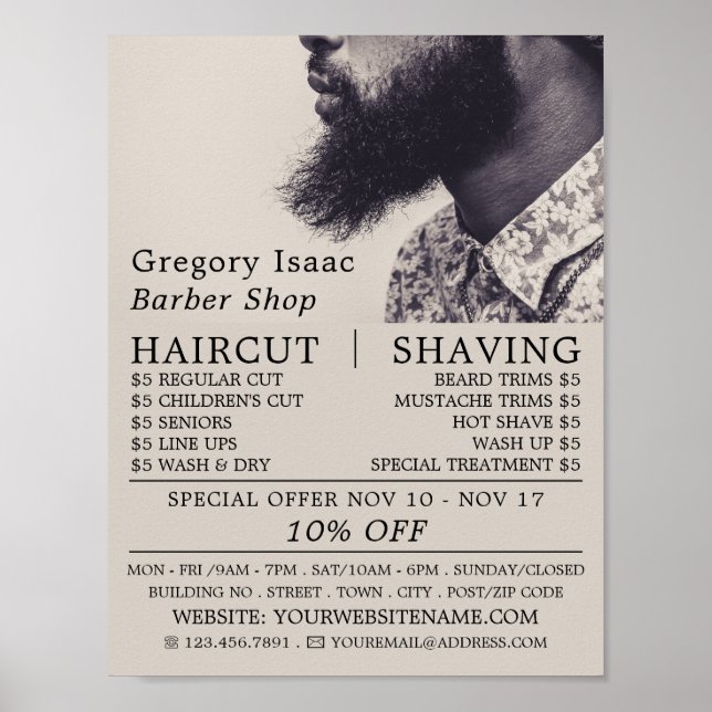 Póster Modelo de barba negra, publicidad de barberos masc (Frente)