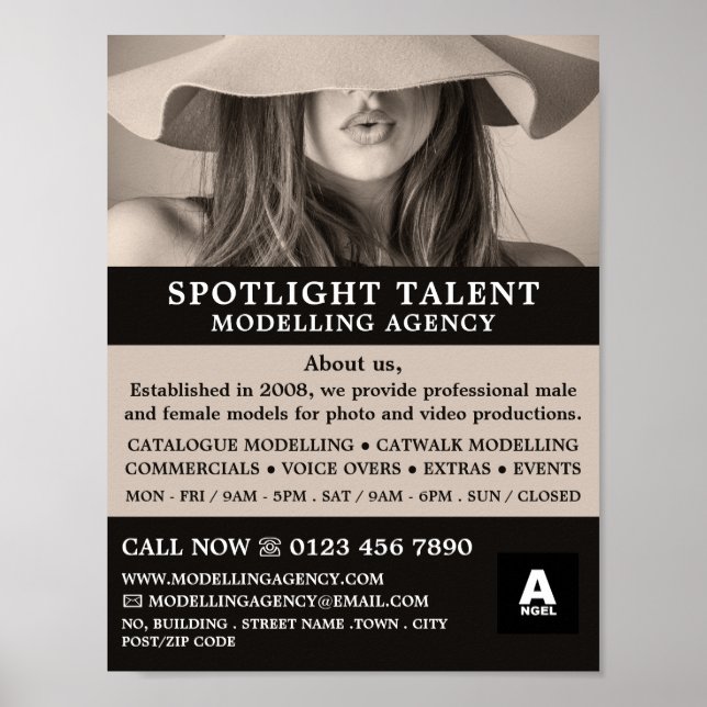 Póster Modelo de Gorra femenino, agencia de modelización, (Frente)