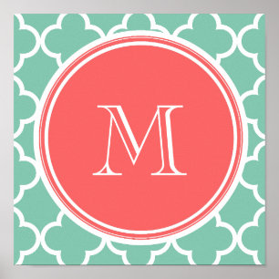 Póster Modelo de Quatrefoil de la verde menta, monograma
