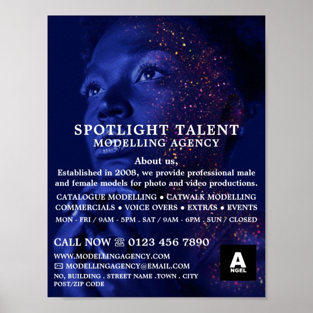 Póster Modelo Glittered, Agencia de modelación, agente de (Frente)