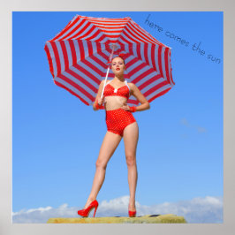 Póster Modelo retro bikini/parasol de rayas rojas