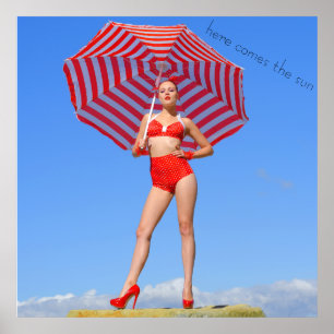 Póster Modelo retro bikini/parasol de rayas rojas