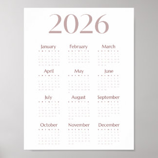 Póster Modern 2026 Minimalist One-Sheet Calendar