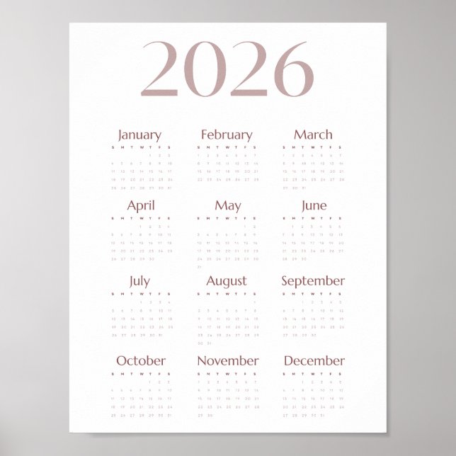 Póster Modern 2026 Minimalist One-Sheet Calendar (Frente)
