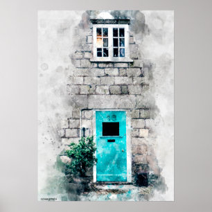 Póster Modern art blue door watercolor painting on