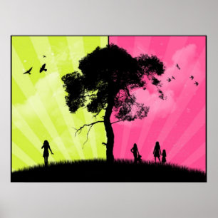Póster Modern Art - Green and Pink Sky With Tree