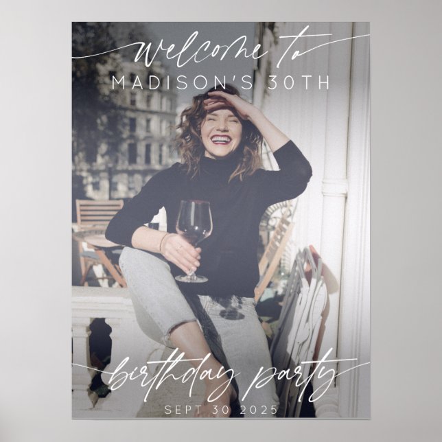 Póster Modern Birthday Party Photo Welcome Elegant Script (Frente)