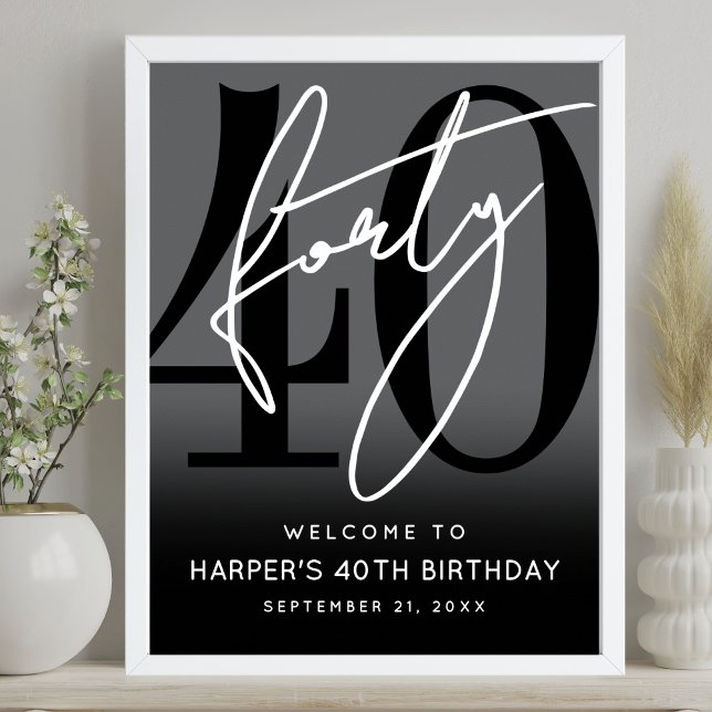 Póster Modern Black 40th Birthday Party Welcome Sign (Modern Black 40th Birthday Party Welcome Sign)