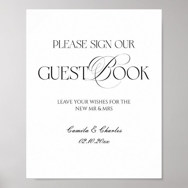 Póster Modern Black and White Wedding Guest Book Poster (Frente)