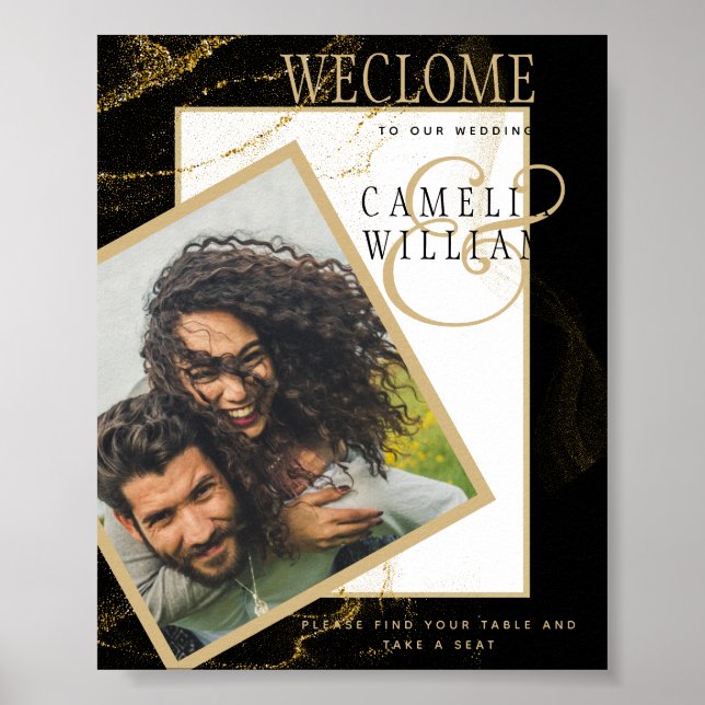 Póster Modern Black Gold Glitter Wedding WELCOME SIGN (Frente)