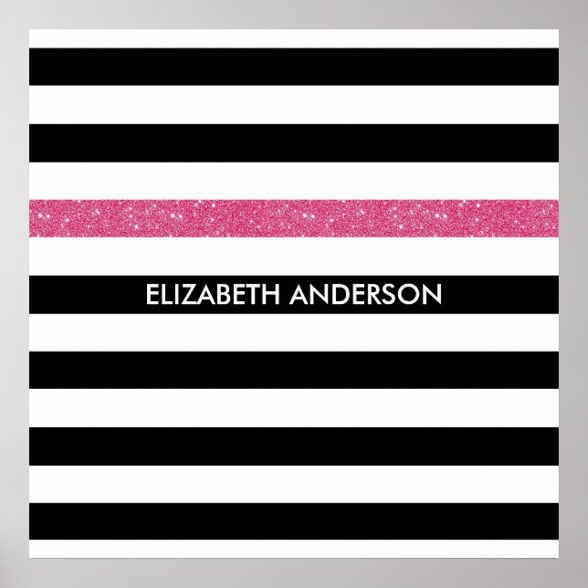 Póster Modern Black Stripes FAUX Pink Glitz and Name (Frente)