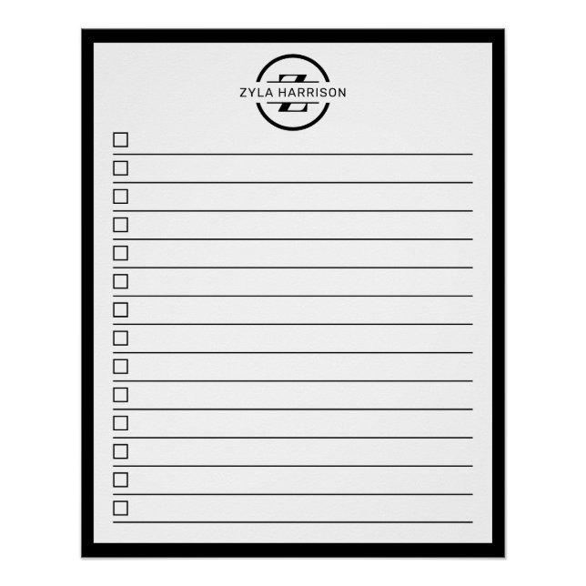 Póster Modern Black White Monogram Name To Do List (Anverso)