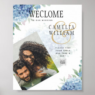 Póster Modern Blue Hydrangea Wedding Invitation QR Code