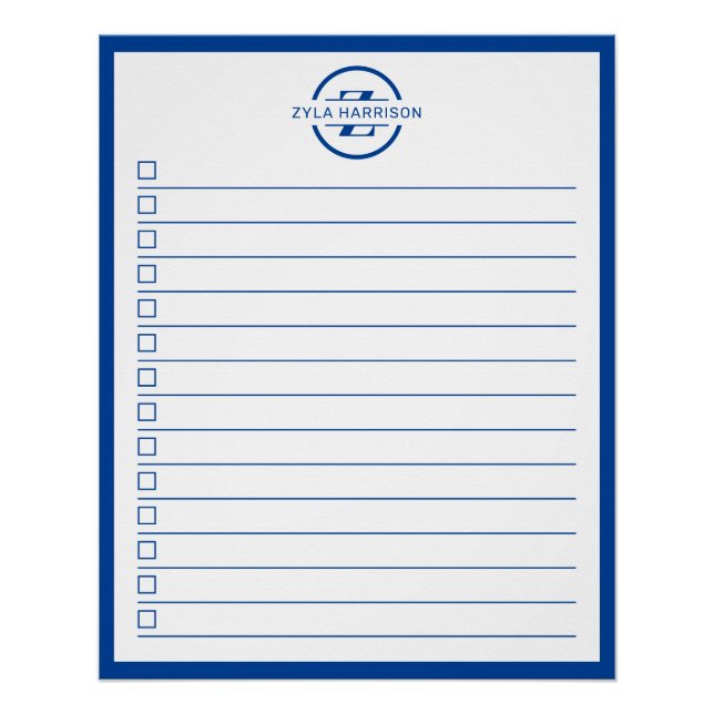 Póster Modern Blue Monogram Name To Do List (Anverso)