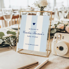 Póster Modern Blue Stripe Heart Valentine Table Welcome