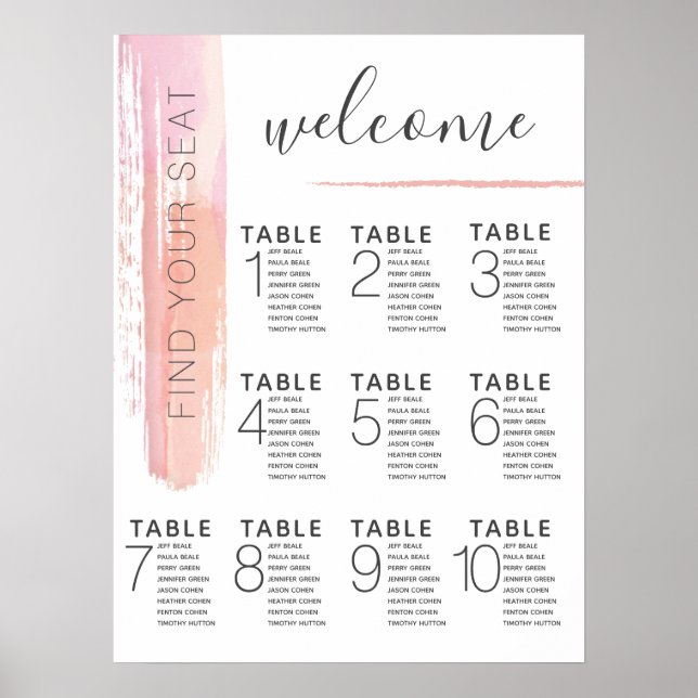 Póster Modern Blush Pink Seating Chart Wedding Poster (Frente)