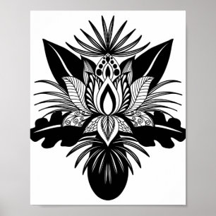 Póster Modern Bohemian Black White Tropical Lotus Leaf