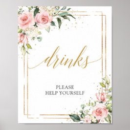 Póster Modern boho blush pink floral gold drinks sign