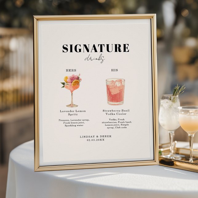 Póster Modern Bold Font His & Hers Drinks Wedding (Modern Bold Font His & Hers Drinks Wedding Poster)