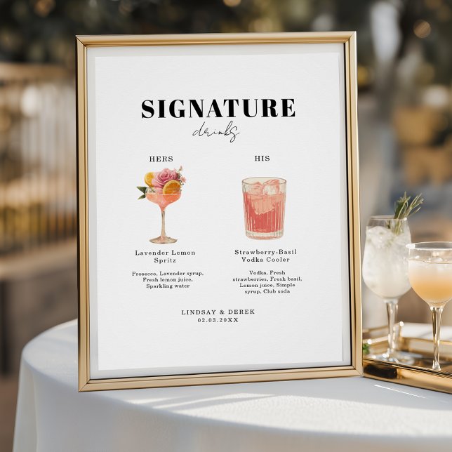 Póster Modern Bold Font His & Hers Drinks Wedding (Modern Bold Font His & Hers Drinks Wedding Poster)